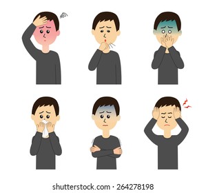 A set of six pose variations of sick young man, vector illustration