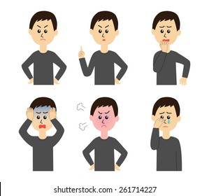A set of six pose variations of unhappy young man, vector illustration