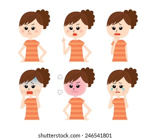 A set of six pose variations of young unhappy woman, vector illustration