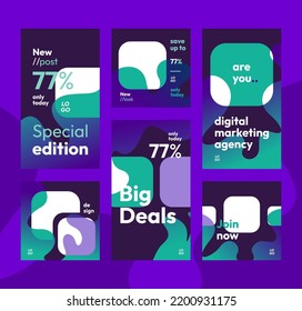 Set of six post template design modern, suitable for social media and web ads, personal blog or sale feed. Vector editable.