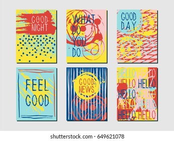 Set of six postcards with an abstract background. Composition of spots and drops of ink. Blue, yellow, green, red, pink hand-drawn vector illustration. Design for posters, banners, postcards, covers.