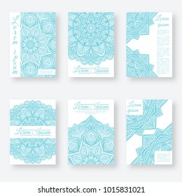 set of six posters gentle blue color with decorative ornaments. vector illustration - eps 10