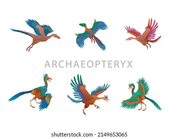 Set of six prehistoric Jurassic reptile, flying archaeopteryx with wings and crest, color vector illustration isolated on a white background in cartoon and hand-drawn style