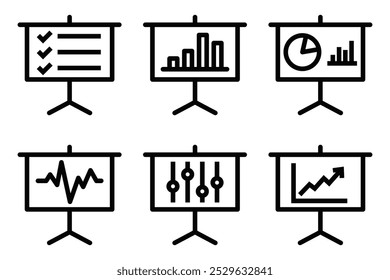 Set of six presentation icons with different data visualizations, including checklists, graphs, and charts. Perfect for business or analytics themes. Editable stroke.