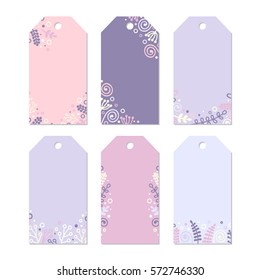 Set of six printable tags with hand drawn decor. Isolated. Collection of doodle spring label. Floral design, vector illustration. Pastel colors - pink, violet, lilac, yellow and white.