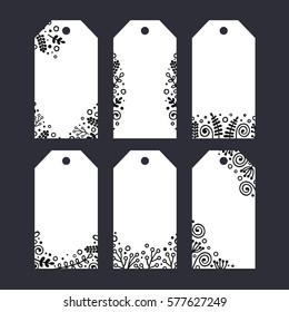 Set of six printable tags with hand drawn decor. Isolated. Floral design, vector illustration.  Doodle flowers, dots, curl, bubble. Black and white colors.