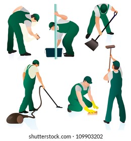 Set of six professional cleaners in green uniform