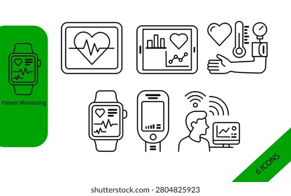 A set of six professional line icons depicting digital patient monitoring, wearable health tech, and remote medical data tracking.