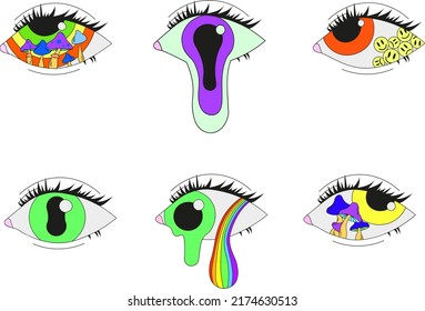 A set of six psychedelic eyes. vector illustration isolated on a white background.
