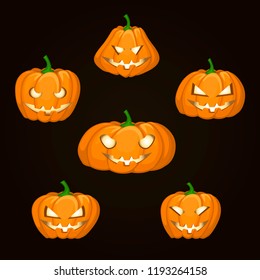 Set of six pumpkins of different shapes for Halloween with different emotions on a dark background. Glow from the inside. Vector illustration in cartoon style.