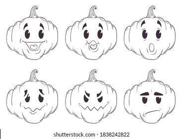 Set of six pumpkins with diverse gestures in outline style: smiling, taking breath, surprised, drunken, mischievous and angry.