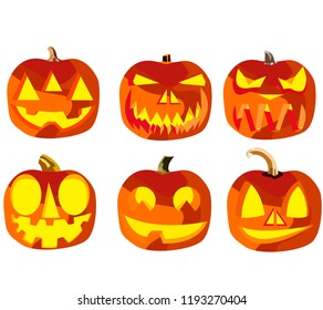 Set of six pumpkins for Halloween, objects isolated on white background, pumpkins with different expressions of faces