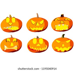 Set of six pumpkins for Halloween, objects isolated on white background, pumpkins with different expressions of faces