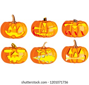 Set of six pumpkins for Halloween, objects isolated on white background, pumpkins with different expressions of faces