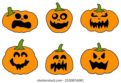 A set of six pumpkins with scary and funny faces in orange and green. Vector illustration perfect for Halloween designs and decorations.
