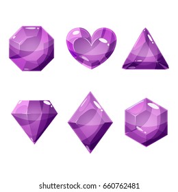 Set of six purple different shaped crystals, gemstones, gems, diamonds. Vector gui assets collection in cartoon style for game design isolated on white background.