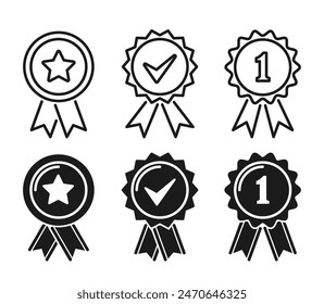 Set Of Six Quality Award Symbols And Prize Icons Including Star, Check Mark And Number One Designs, Vector Illustration