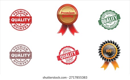 Conjunto de seis sellos de garantía de calidad, sellos e insignias de roseta, certificación de Producto Premium y la mejor Ilustración vectorial de iconos de garantía de calidad
