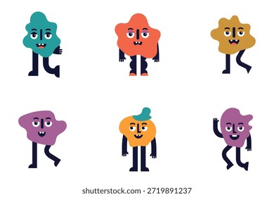 Set of six quirky abstract blob characters with expressive faces and long legs in modern minimalist flat style