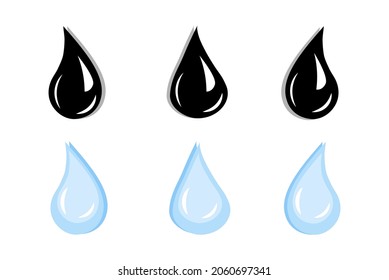 Conjunto de seis gotas de lluvia en color negro y azul sobre fondo blanco