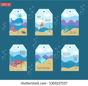 Set of six ready to use cute tags with marin illustration. 6 Birthday  isolated kids labels.  Vector.