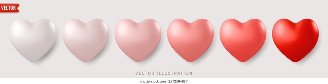 Set of six realistic 3D hearts shape in gradient shades from white to red blend, isolated on light background. Ideal for romantic or Valentines Day. Vector illustration collection symbols of love