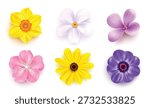 A set of six realistic 3D spring flower icons including daffodil, cherry blossom, and anemone isolated on a white background.