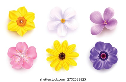 Un conjunto de seis iconos realistas de flores de primavera en 3D que incluyen narciso, flor de cerezo y anémona aislados sobre un fondo blanco.