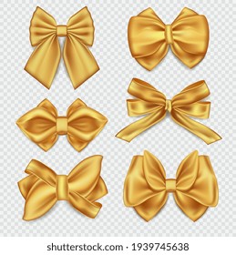 Set of six realistic different gold ribbons tied as decorative bows in assorted styles over a clear background, colored vector illustration