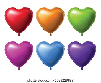 A set of six realistic heart shaped foil balloons in different colors. Perfect for Valentine Day, celebrations, party decorations, and romantic designs.