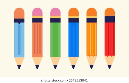 Set of six realistic rainbow-colored pencils ideal for art supplies, education themes, creative projects, or stationery designs.