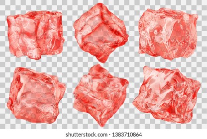Set of six realistic translucent ice cubes in red color isolated on transparent background. Transparency only in vector format