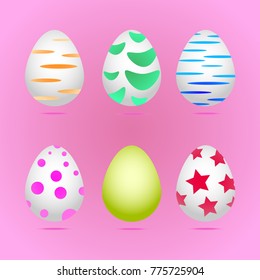 A set of six realistic white chicken eggs painted with colorful stripes, stars, circles. Vector: isolated on a pink background. Template for a happy Easter holiday.