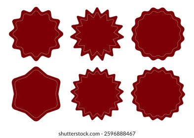 Set of six red badge shapes with dotted borders isolated on white background. Blank labels for certificates, promotions, discounts, and awards
