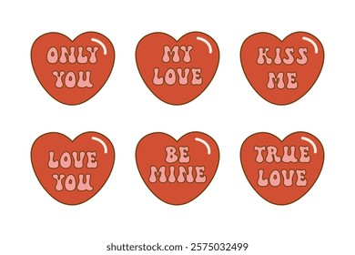 Set of six red cartoon hearts with love-themed messages, perfect for Valentine's Day designs. Groovy trendy retro 60s 70s style. Vector illustration