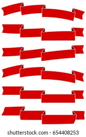 Set of six red cartoon ribbons for web design. Great design element isolated on white background. Vector illustration.