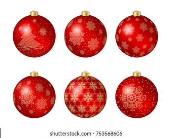 Set of six red Christmas balls with gold decoration isolated on white. Vector illustration
