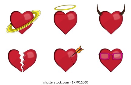 set of six red heart icons with shadows and objects