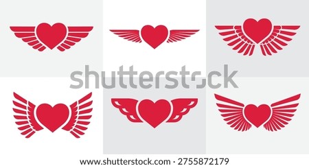 Set of Six Red Heart Icons with Wings - Flying Love Symbols and Angelic Heart Vectors