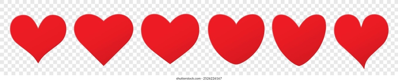 Un conjunto de seis corazones rojos de diferentes Formas sobre un fondo transparente. Iconos de corazón de papel. Ilustración vectorial.