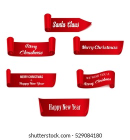 Set of six red, Merry Christmas and Happy New Year, realistic, paper banners.