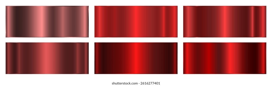 A set of six red metallic gradients on a black background. A collection of shiny metallic gradients. The texture of the foil. Vector EPS 10.