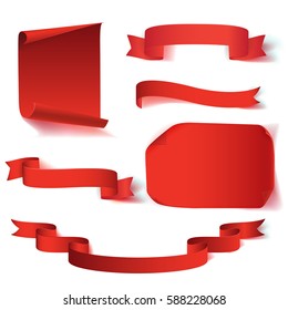 Set of six red, realistic, paper banners. Vector illustration.