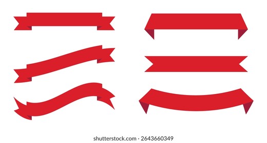 Set of six red ribbon banner designs in flat style. Includes straight, curved, and wavy variations. Ideal for labels, badges, web headers, and festive or promotional graphic projects.