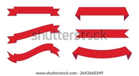 Set of six red ribbon banner designs in flat style. Includes straight, curved, and wavy variations. Ideal for labels, badges, web headers, and festive or promotional graphic projects.