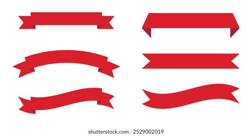 Set of six red ribbon banners with various shapes and styles. Perfect for use in banners, advertisements, certificates, and promotional designs. Simple, elegant, and versatile vector ribbons.