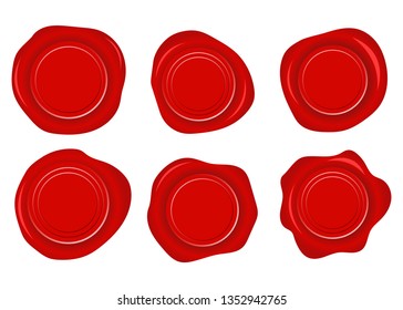 Set of six red shiny wax seals vector design illustration isolated on white background