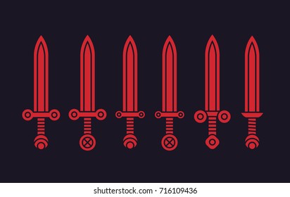 Set of six red swords on a dark background