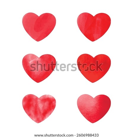 Set of six red watercolor hearts. Hand-painted romantic heart illustrations, perfect for Valentine's Day, wedding designs, greeting cards, love-themed prints, stickers, digital art, and decorations