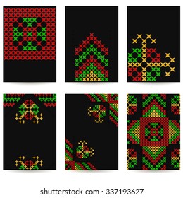 Set of six reggae flyers. Dark background. Green, yellow and red colors. The cross-stitched pattern. Vector illustration.